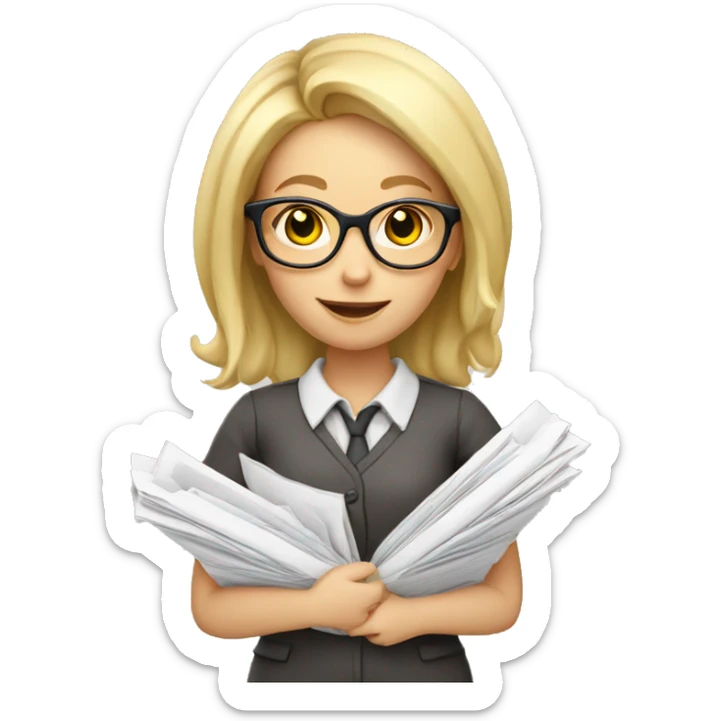 Blond girl with glasses and with a lot of important documents in a hand sticker