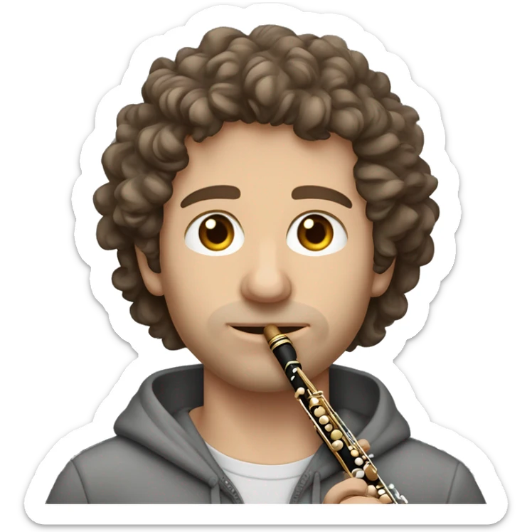 Caucasian man grey zipped hoodie brown hair bit curly brown eyes. he is playing the flute. sticker