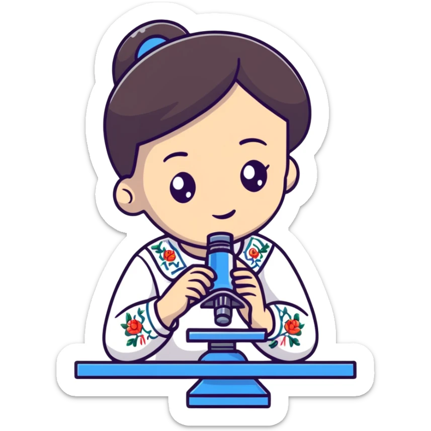 Ukrainian girl with dark hair in traditional embroidered shirt holding a microscope sticker