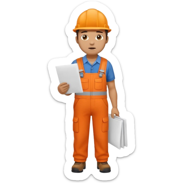 railway engineer full body in orange overalls, carrying a piece of paper in front of him sticker