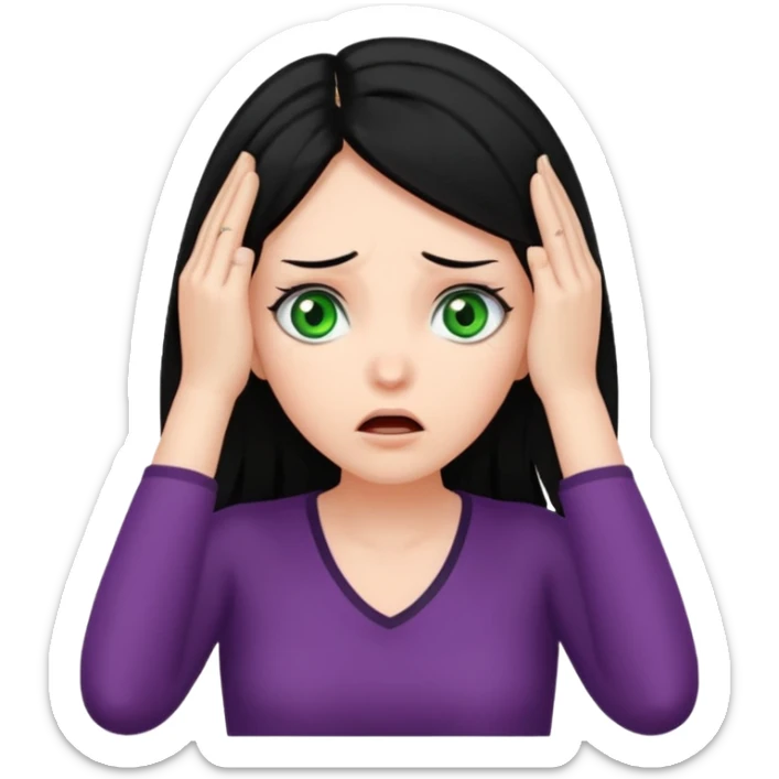 A realistic waist-up portrait of a frightened woman with her hands on her head, black hair and green eyes sticker