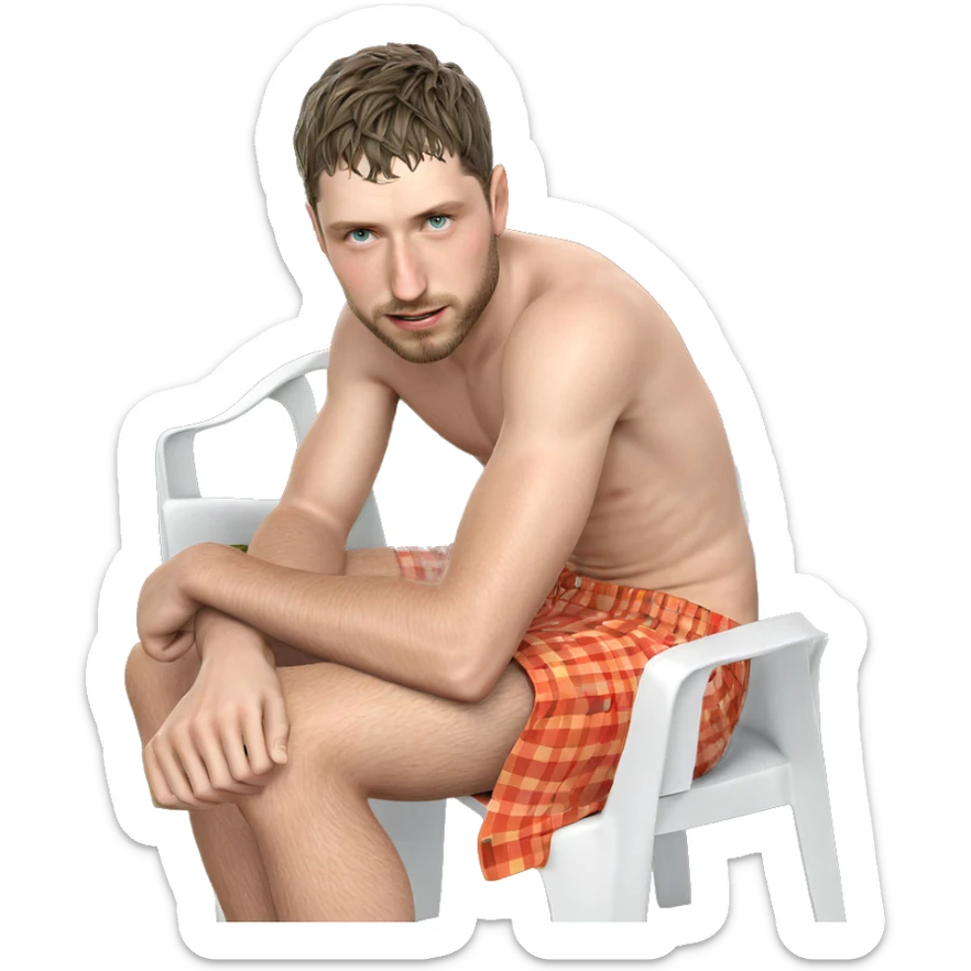 topless boy in grassy chair sticker