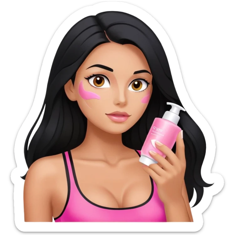 beauty routine, spa, pink face cream, long black hair tanned woman, black sports bra, sexy, hot  sticker