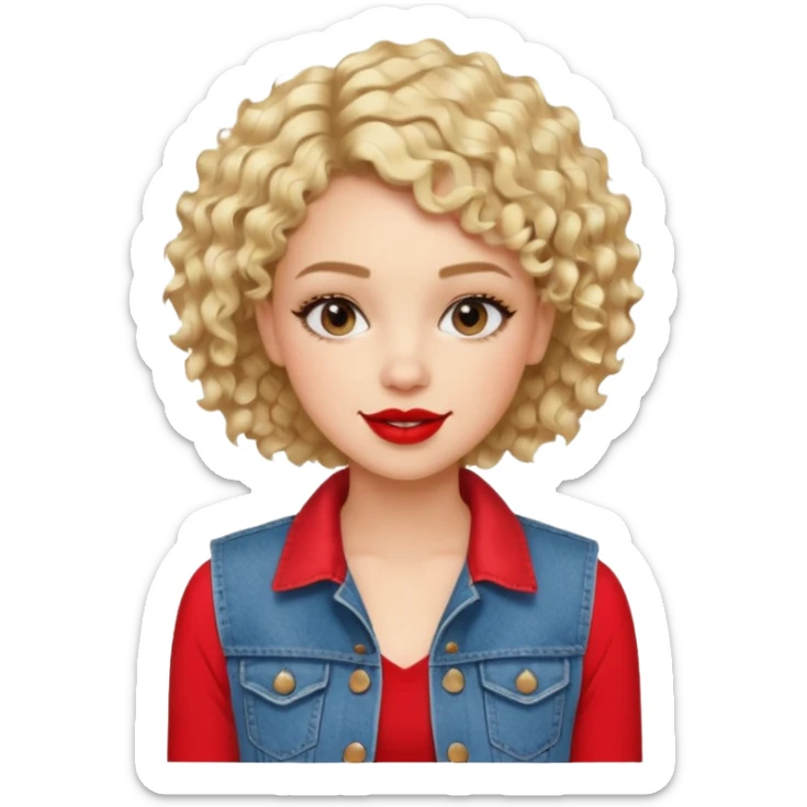 young fashionable woman, short curly blonde hair, wearing a denim vest and bold lipstick, cheerful expression sticker