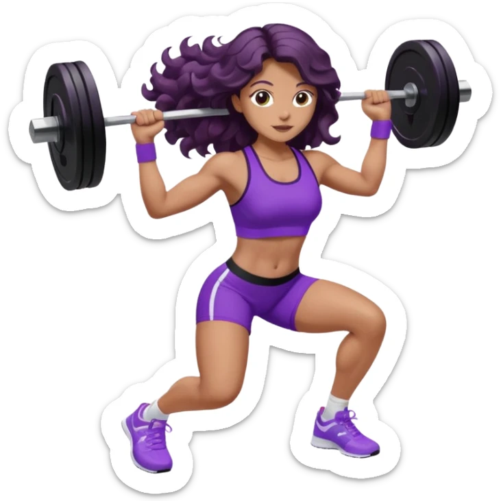 mujer de tez trigueña, con cabello castaño oscuro ondulado hasta la cadera estilizado, con ropa deportiva morada/lila, tenis blancos deportivos y levantando una pesa sticker