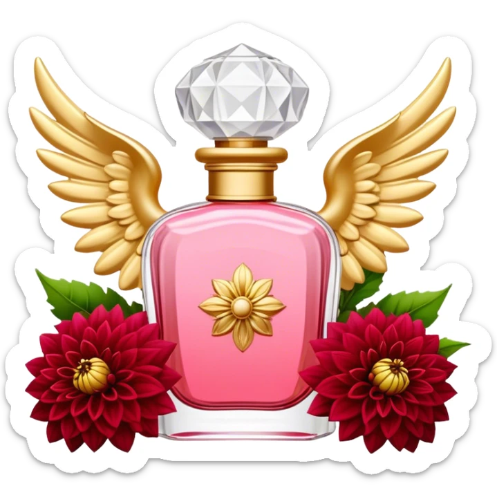 An elegant perfume bottle in Angel Pink with intricate golden details, standing beside a lush bouquet of Vivid Red and Deep Red Dahlias, softly illuminated in a romantic, warm glow sticker