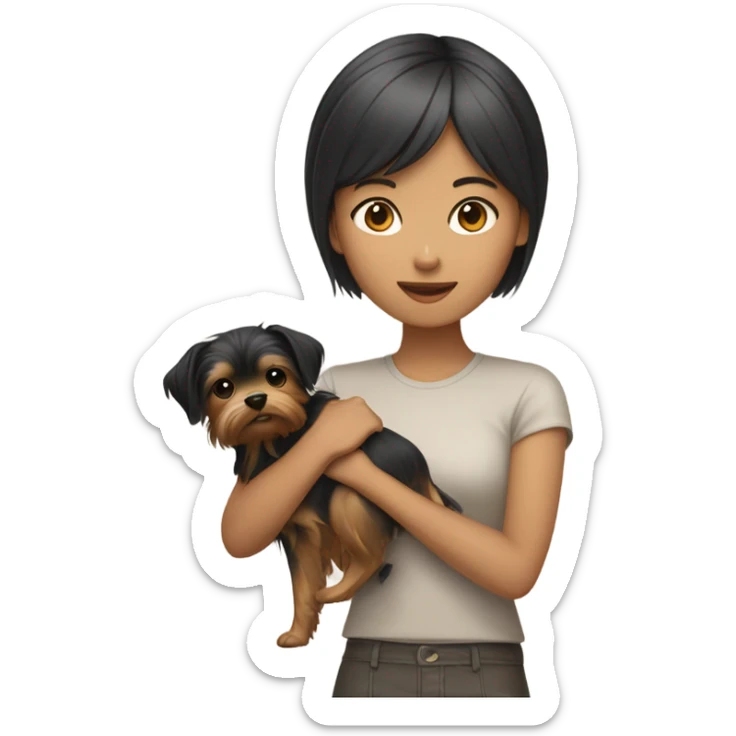 Asian girl, short hair, holding Yorkshire terrier  sticker