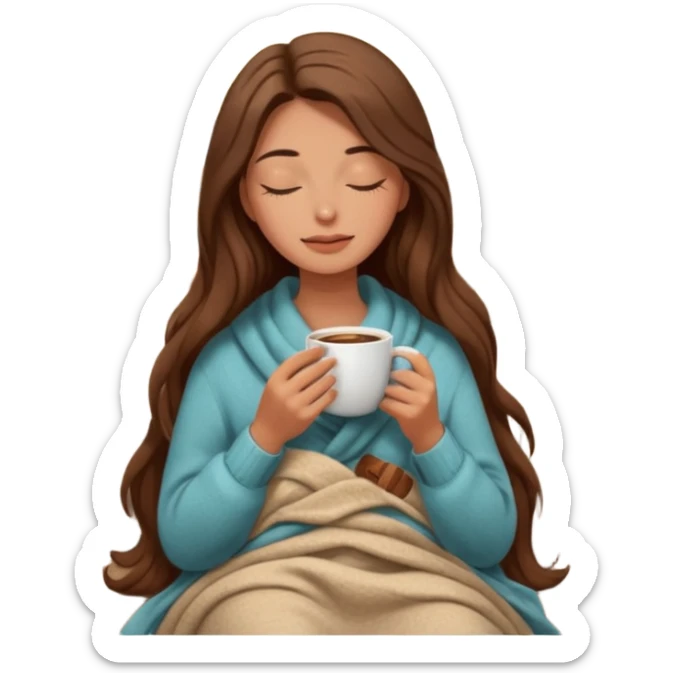 long brown hair woman closed eyes covered with cozy wool beige blanket, holding cup of coffee, autumn mood sticker