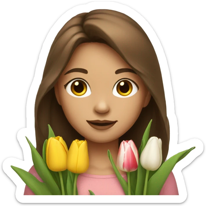 Girl with brown hair and light skin take a tulips sticker