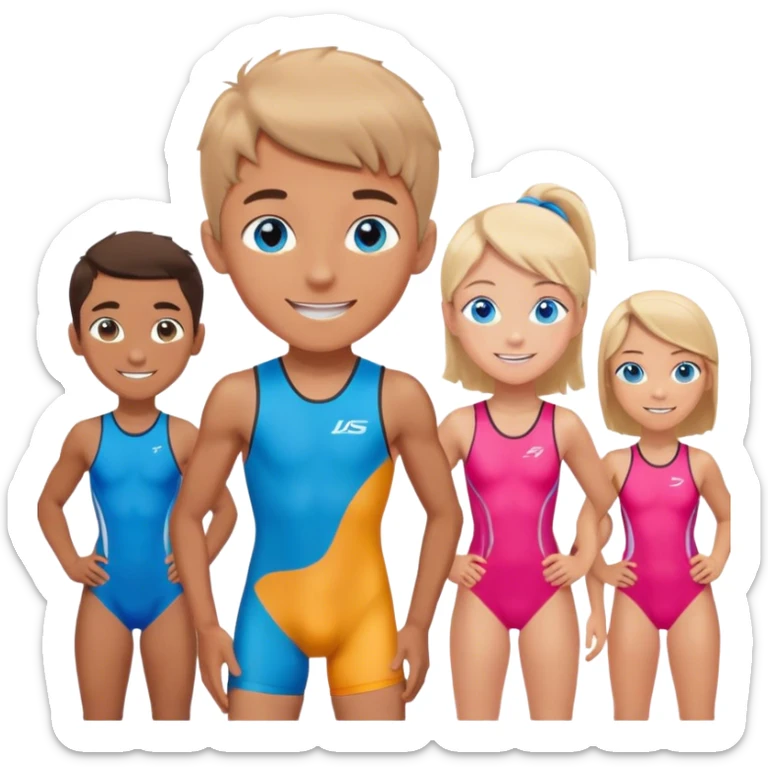 smiling boy with blue eyes, bunch of girls in background, triathlon unitard sticker