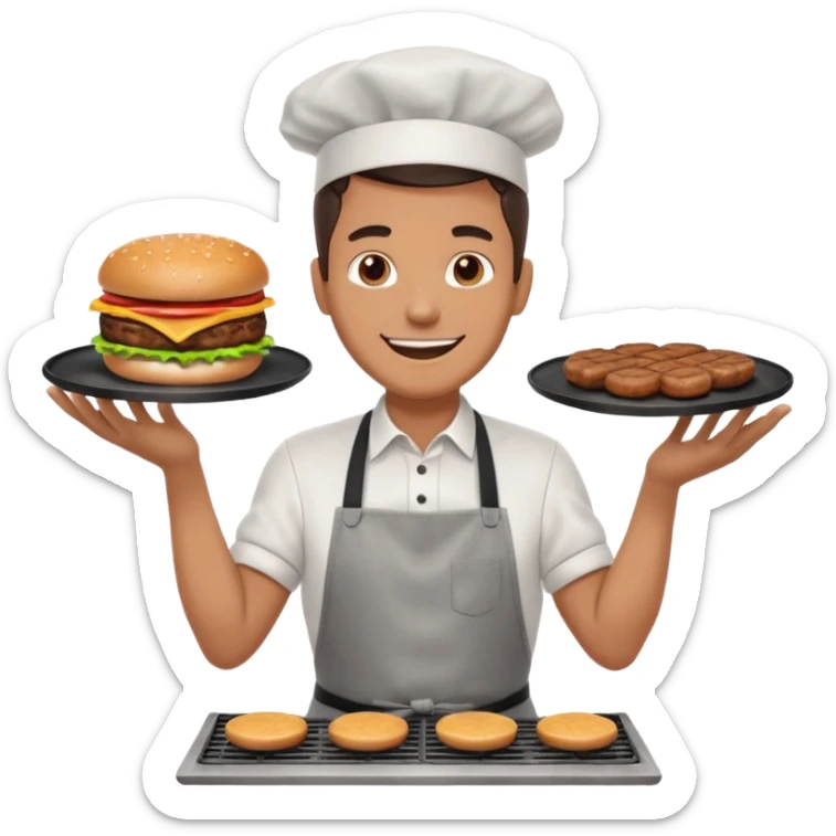 A cheerful man in an apron flipping burgers on a sizzling grill with smoke puffing upward. sticker