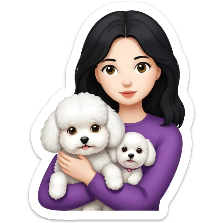woman with long black hair holding white fluffy Bichon Frise dog sticker