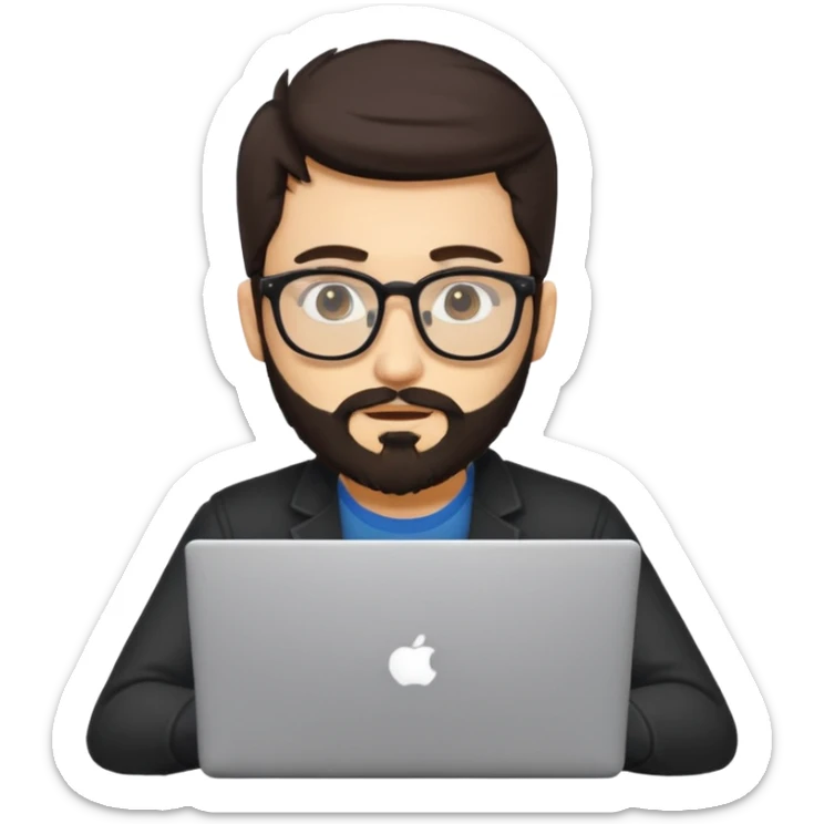 23 year old Azerbaijani man with very dark brown hair and beard with glasses and laptop , light yellow skin face, not european sticker