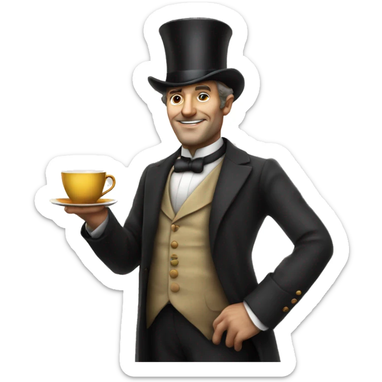 Photorealistic man A British gentleman in a monocle and a top hat with a cup of tea in his hand sticker