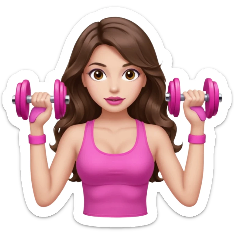 girl with long wavy brown hair, brown eyes, long lashes makeup, sexy pink lips, light to medium complexion, wearing a pink sexy top, lifting a pink dumbells sticker