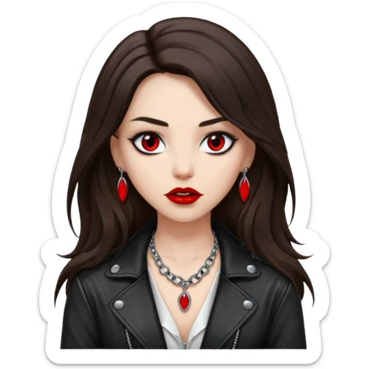 brunette with very long hair in black cuir jacket with red lips and very dark brown eyes and white shirt and mysterious necklace without piercing with evil eyes sticker