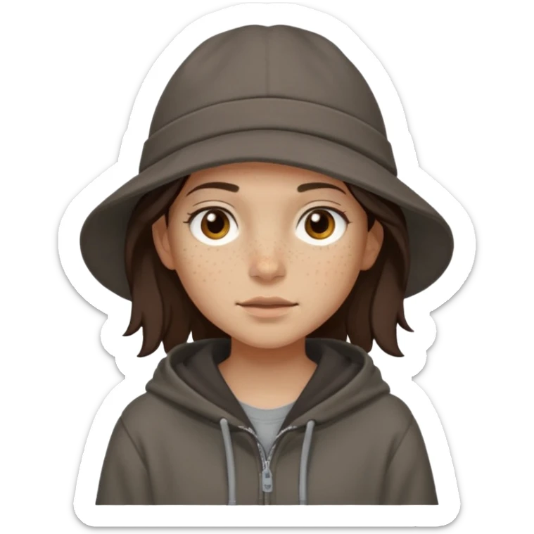 Hobo tomboy with light skin, freckles, shoulder-length center-parted dark brown hair. brown eyes, dark dull brown hoodie, grey shirt. Flat brimmed hat sticker