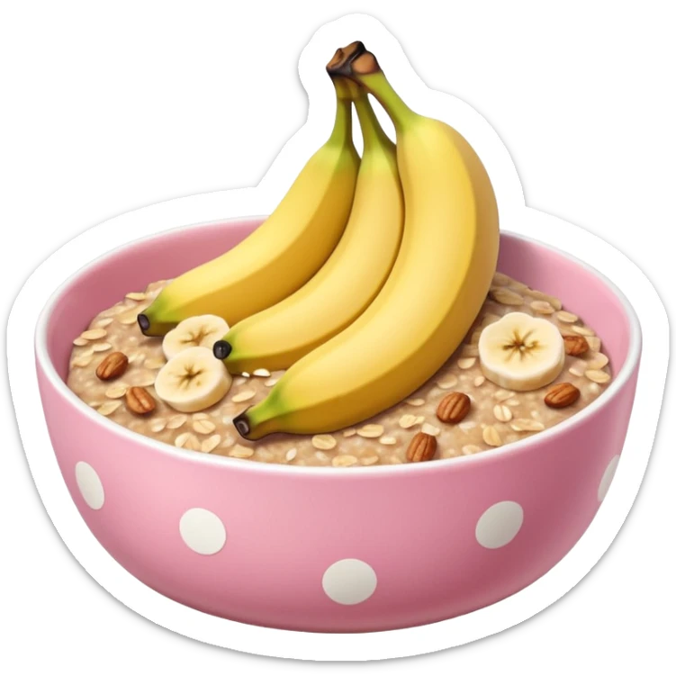 banana baked oats in a bowl like oat meal with a couple banana slices on top that look a little bit caramelised and a light pink bowl with white polka dots please with NO whole banana on top just slices  sticker