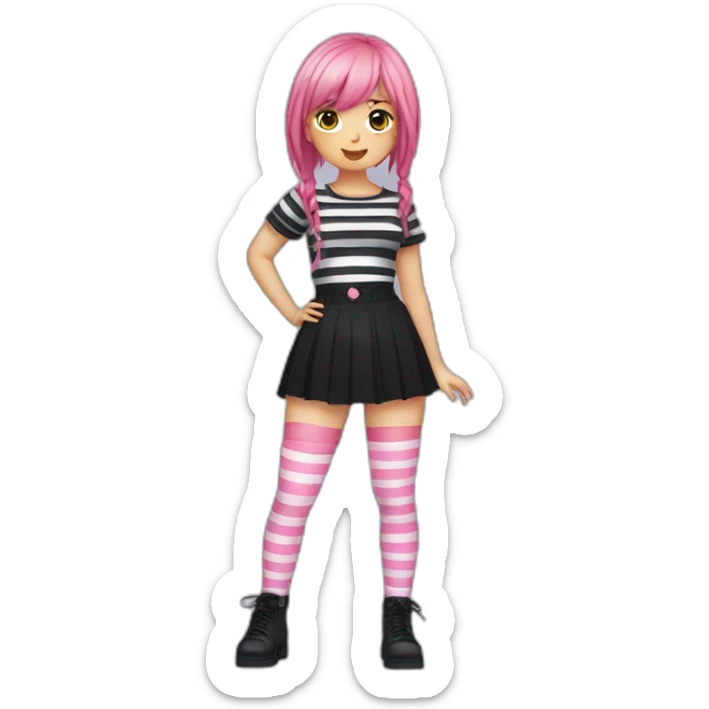 Front view curvy emo girl pink hair sits black skirt pink knickers striped stockings hands up sticker