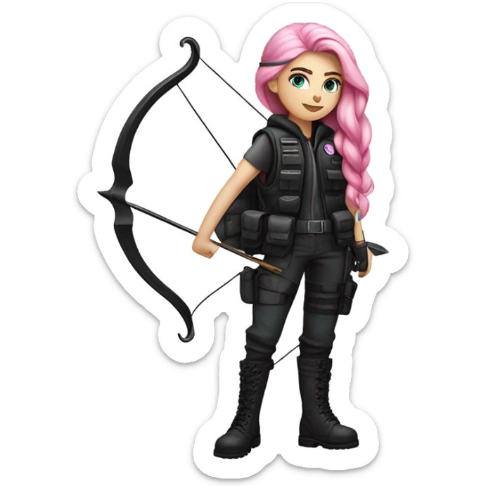 girl, white skin, tactical vest, dark pants, long pink hair, blue eyes, black beanie hat with crescent moon on front, black combat boots, bow and arrow sticker