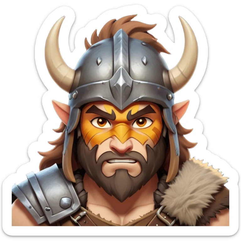 Cinematic Fierce Barbarian Portrait Emoji, Poised and bold with a rugged yet cartoonish build in tattered furs and a horned helmet, expressive bright eyes and a confident smirk, Simplified yet dynamic features, highly detailed, glowing with a vivid, adventurous aura, high shine, heroic and spirited, stylized with an air of medieval warrior charm, focused and energetic, soft glowing outline, capturing the essence of a fearless barbarian adventurer ready to lead his clan with spirited valor! sticker
