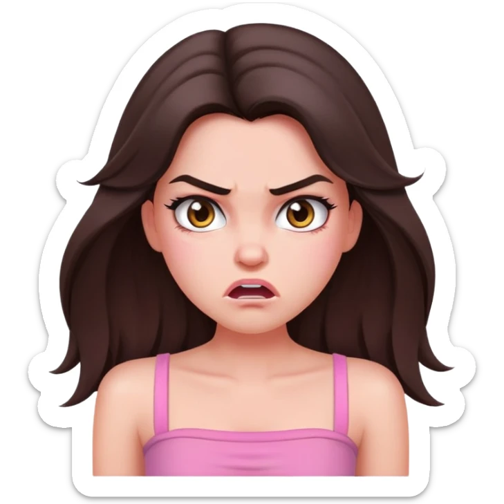 beautiful brunette girl long hair soft makeup pink tube top cute angry face sticker