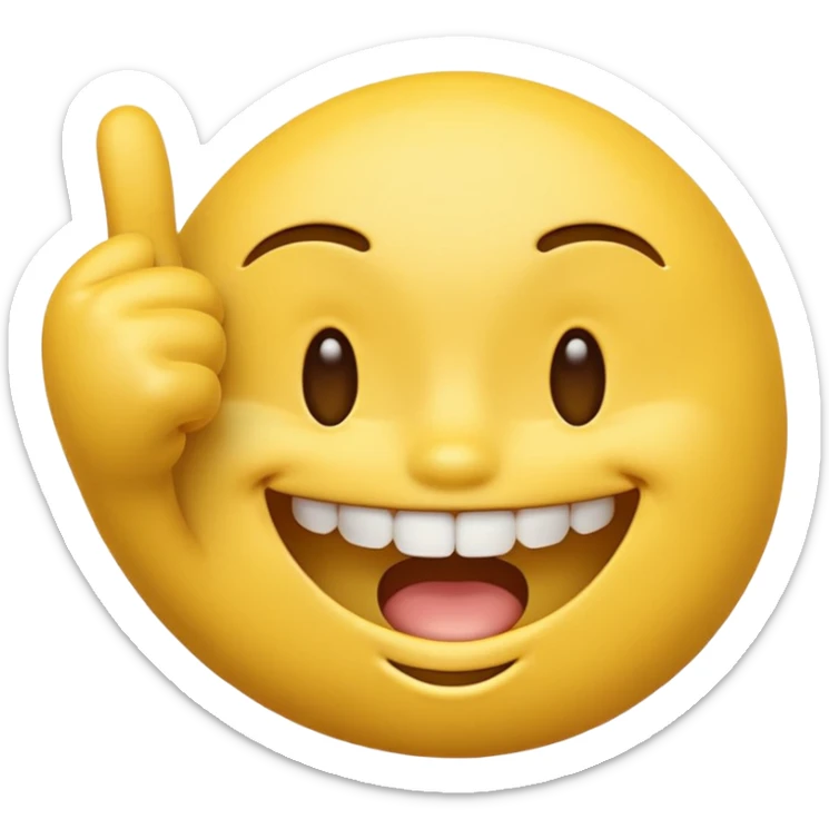 Yellow 3D emoji face, closed smiling eyes, wide toothy grin, one hand with index finger touching the mouth, playful flirty expression, clean emoji style. sticker