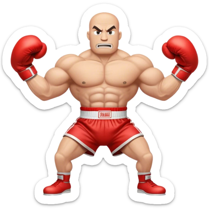 A cartoon-style anthropomorphic train with large, muscular human-like arms wearing red boxing gloves. The train has an aggressive expression and is posed in a boxing stance, ready to fight. sticker