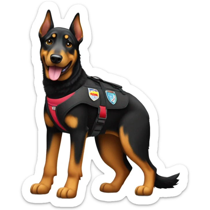 Beauceron dog with pointed ears full body wearing service dog vest  sticker