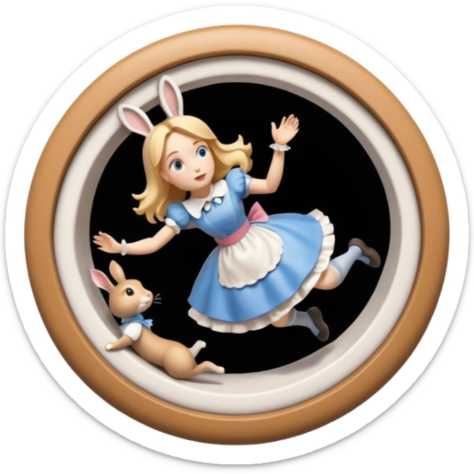 Isolated, detailed illustration of the most incredibly amazing modern style of disney's Alice in wonderland falling in rabbitbhole
figurine imaginable, toy style. sticker