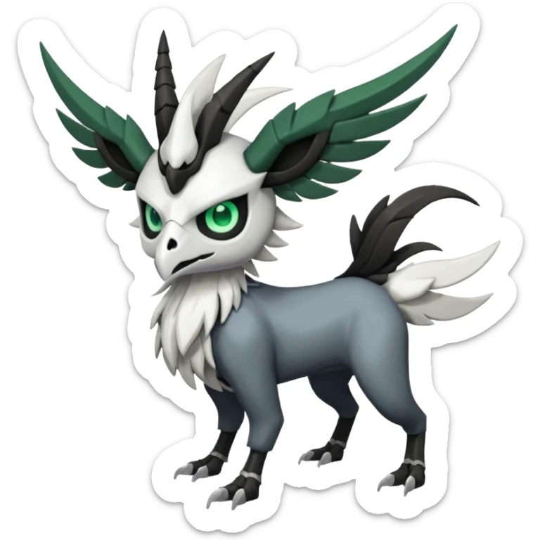 Shiny Black Grey White and Dark-Green Trico-Skarmory-Silvally-Skiddo-Sprigatito-Absol-fusion (full body) with and edgy white horned skull mask face sticker