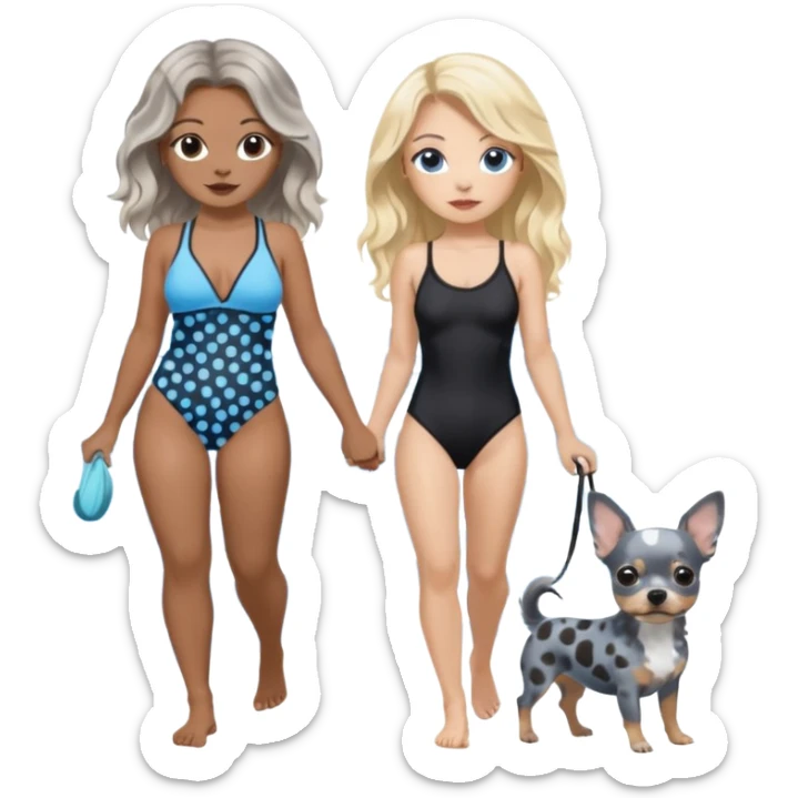 2 pretty women in bathing suits, hazel eyed light skin with dark brown wavy long hair, walking a blue and gray spotted Merle Frenchie the other blue eyed light skin long blonde hair with black chihuahua  sticker