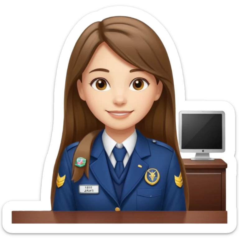 Young girl, long brown straight hair, wearing uniform jacket with hotel name badge, tasteful scarf, stand behind the desk

 sticker