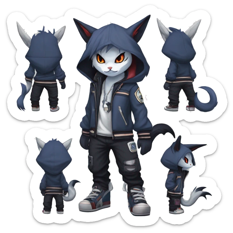 Cool Anthro Chibi Absol-Noivern-Litten-Lynx-Pokémon with edgy stripes hoodie spiked collar punk techwear Cargo Pants Full Body sticker