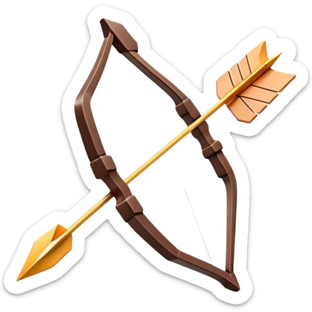 Clash of Clans aesthetic: Cinematic Playful Pixel 3D Bow & Arrow Portrait Emoji, rendered in a 3D vector-style similar to standard emojis with minimal shading and bold, simplified shapes. A compact, distinct form with signature details, softly glowing with a pixelated adventure charm. Simplified yet unmistakably iconic, highly detailed and consistent, glowing with a soft radiance and high shine. Stylized with a touch of classic pixel-art charm and a soft glowing outline, capturing the essence of a beloved gaming relic with a friendly, playful manner! sticker