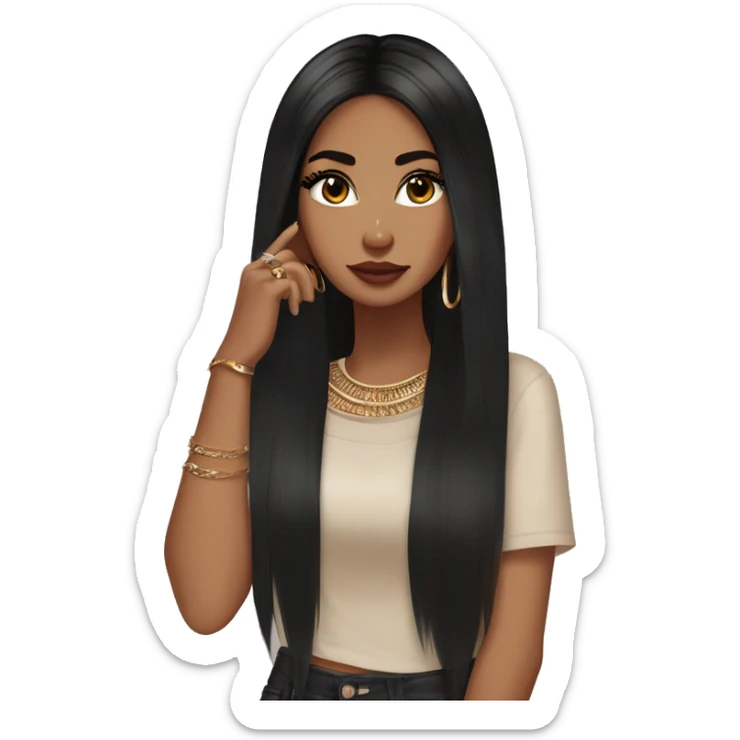 Glamorous, streetwear, black hair, long straight hair, olive skin, brown almond eyes, winged eyeliner with big lashes, wearing hooped earrings, rings and bracelets, almond fake nails sticker