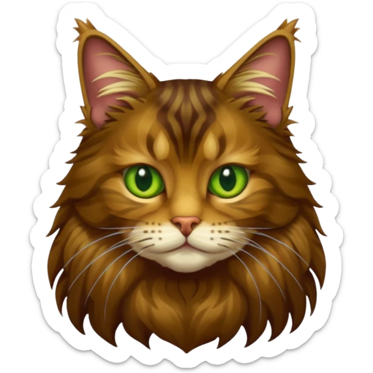 je veux un emoji chat main coon marron foncé  à poil long avec les yeux vert jaunes, je veux qu’il soit en entier assis stp  sticker