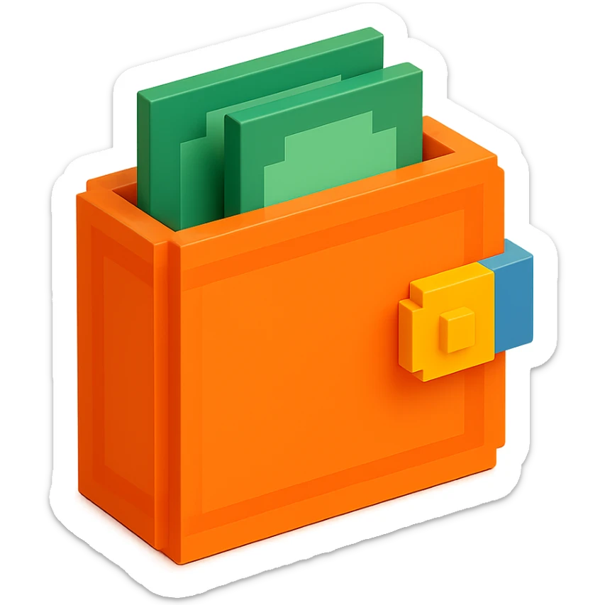 3D voxel style icon of a wallet, with a bright color palette and simple cubic forms sticker
