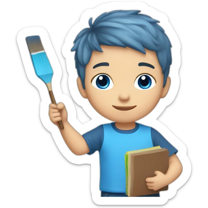 An 6-year-old boy with blue short middle hair, with a palette in hand, with blue eyes sticker