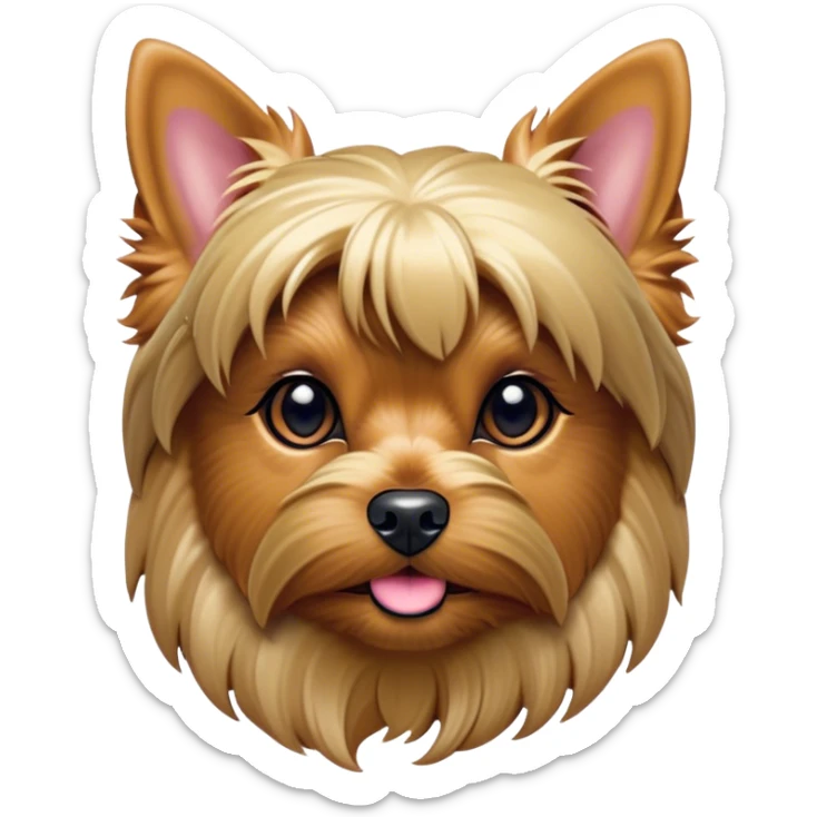 Cinematic Noble Yorkshire Terrier Portrait Emoji, Exuding refined charm and dignified poise, with a lustrous, silky fur in rich, deep hues, alert eyes and a confident expression, simplified yet exquisitely detailed, glowing with a soft, aristocratic radiance, high shine, embodying intelligent grace and classic elegance, soft glowing outline, capturing the essence of a regal Yorkshire Terrier ready to rule the screen with effortless sophistication! sticker