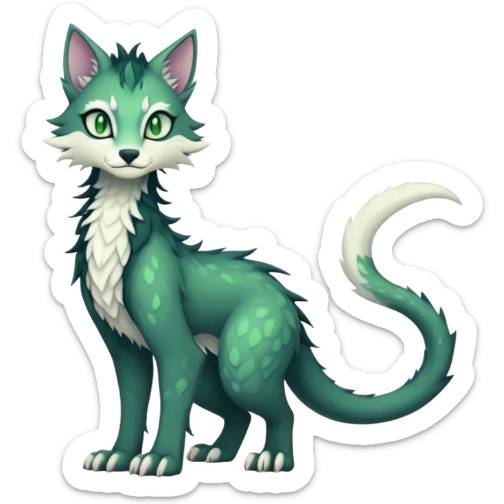 Kawaii dark edgy ethereal feline-vernid-sergal-fursona animal creature with a tufted tail full body with intricate markings with green eyes sticker