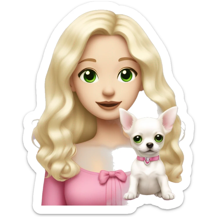 pale blond girl with wavy long platinum hair with green eyes holding a white chihuahua puppy that wearing a pink bow sticker