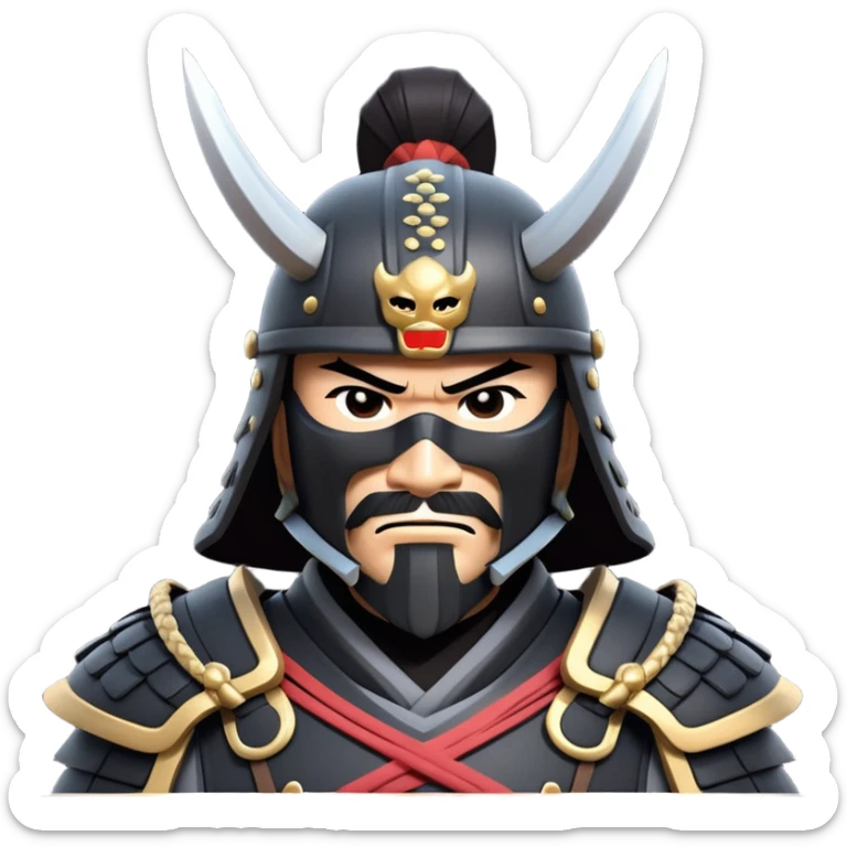 clash-of-clans-aesthetic_-cinematic-fearsome-and-majestic-samurai-bust-portrait-emoji, rendered in a flat, vector-style with minimal shading and bold, simplified shapes typical of emoji art, depicting a battle-hardened samurai with black mask and traditional black Japanese armor. The samurai is riding a noble grey warhorse adorned with an intricately designed saddle and fluttering banners and a rising sun. a samurai on a   horse sticker
