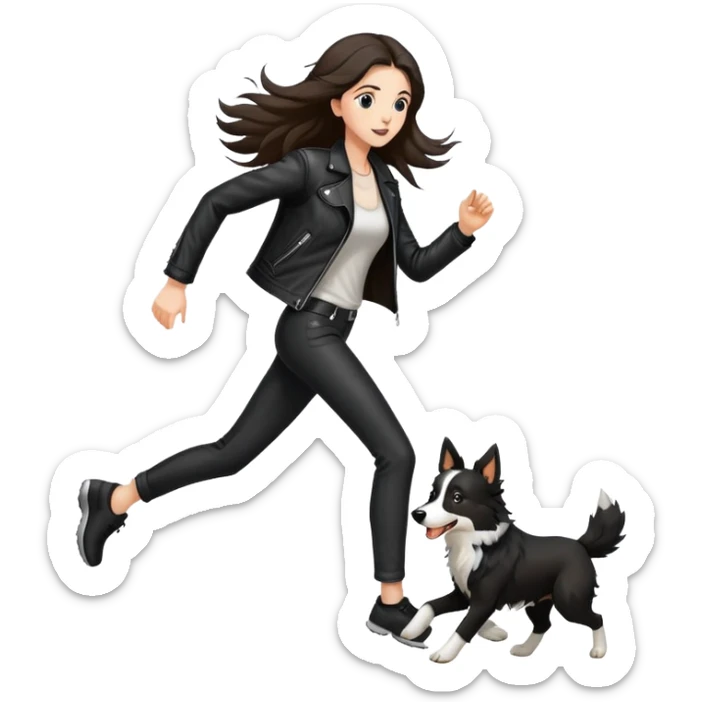 A beautiful tall girl with fair skin and long hair wearing a black leather jacket and black pants running with a Border Collie sticker