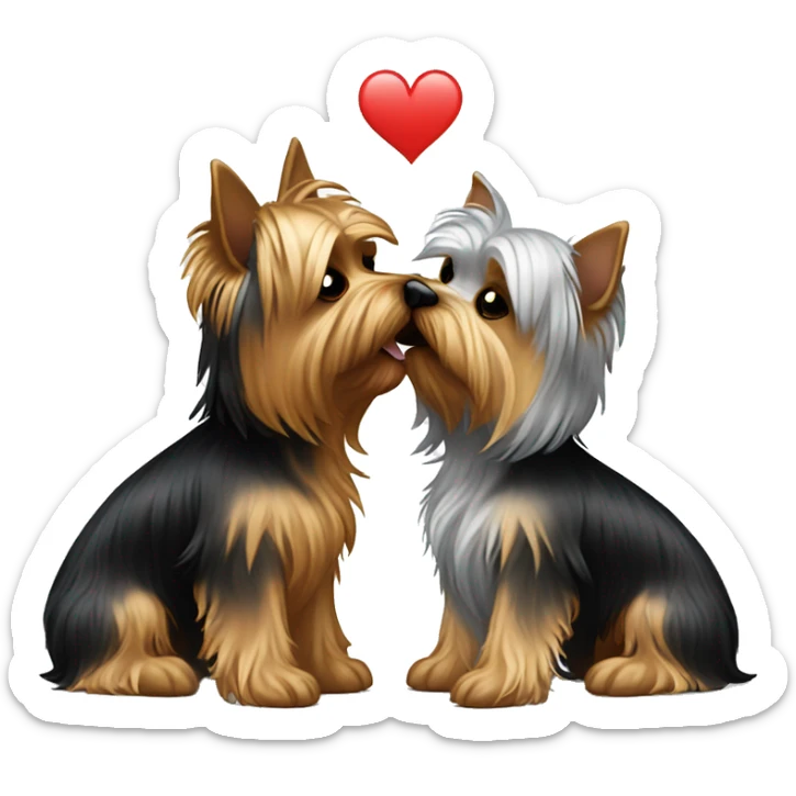 Two Yorkshire terriers kissing. One Yorkshire terrier is black and golden and the second Yorkshire terrier is silver and tan  sticker