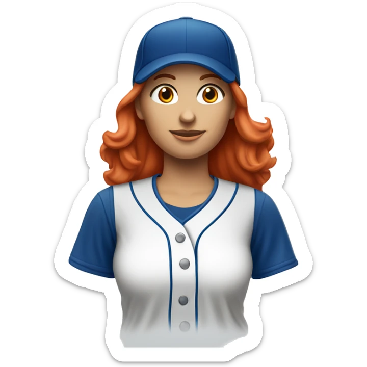 standing up white female coach with long red hair in blue  t-shirt and with a simple blue baseball hat sticker