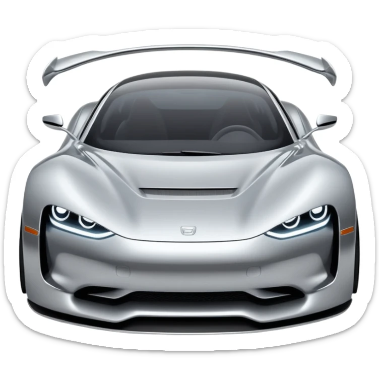 A low-profile futuristic car emoji made of polished silver chrome, wide body stance, smooth aerodynamic shape, glossy metallic surface, soft reflections, luxury swag aesthetic, minimal details, iOS emoji style, centered on clean white background, studio lighting sticker