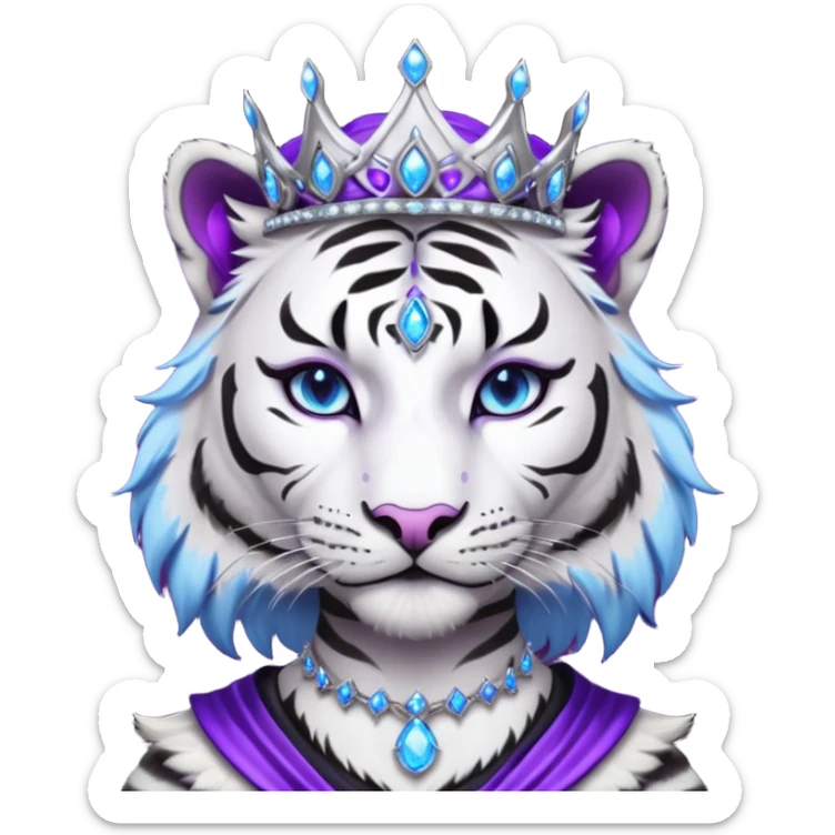 ESO Female white/black tiger khajiit leader of the umbral rose, glowing blue eyes, glowing blue 'third eye' gem; silver crown/tiara with purple gems  sticker