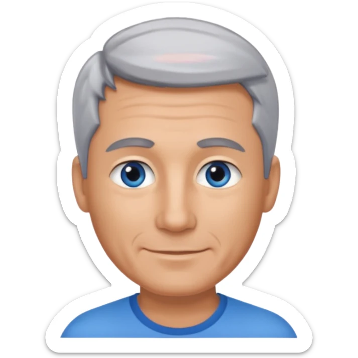 Middle aged man with tanned skin, little black to grey hair and no beard, blue eyes, shy smile sticker