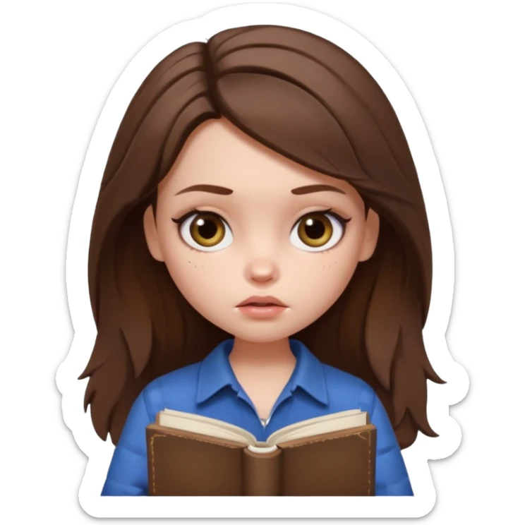 generate a pretty bratz girl with dark circles and a book in hand, looking tired. Messed up hair  sticker